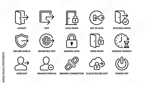 Icon set depicting security and access actions including lock, key, and logout symbols