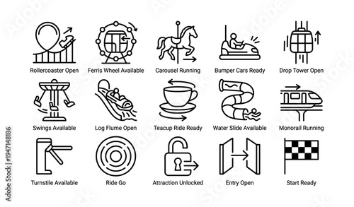 Amusement park attraction status icons: rides, swings, log flume, teacup, entry, monorail