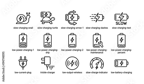 Battery charging icons with snail turtle arrows and power indicators
