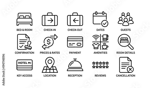 Hotel icons set: bed, check-in, calendar, guests, payment, amenities