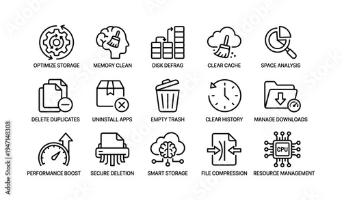 Digital device optimization icons set for efficient storage and performance