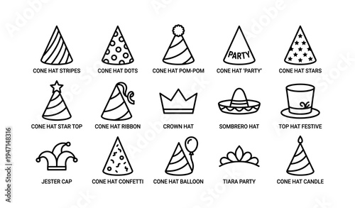 Collection of festive cone hats and party accessories in black and white