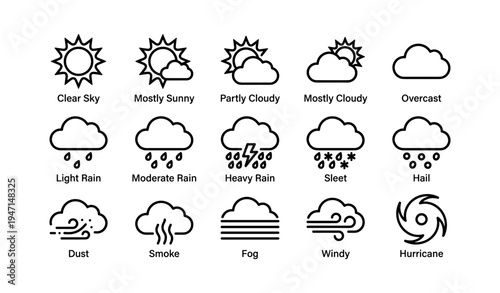 Weather icon set illustrating various conditions from sun to hurricane