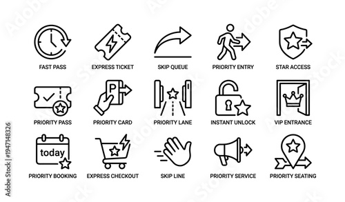 Fast pass icons: express ticket, priority lane, vip entrance, instant unlock, priority service