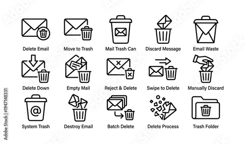 Email management icons: delete, trash, empty, reject, swipe, discard, system, process, folder