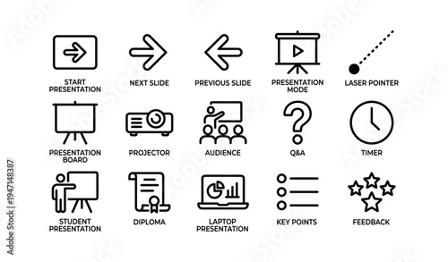 Presentation icons: arrows, projector, audience, q&a, timer, feedback, diploma