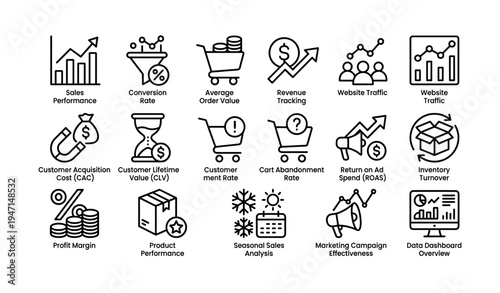 Business metrics and performance icons including sales and marketing effectiveness