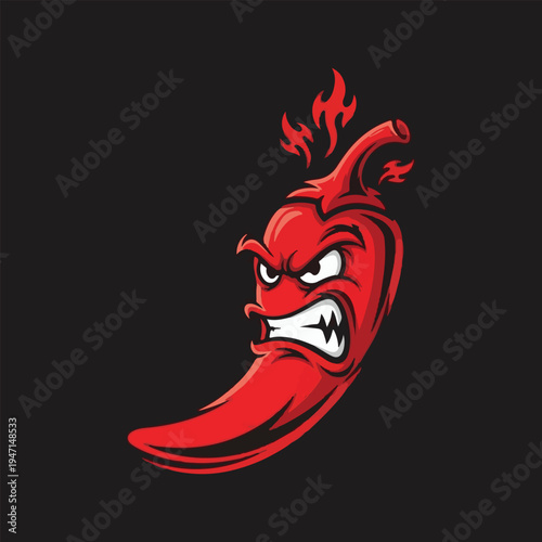 Angry red chili pepper character with flames a fiery and spicy design