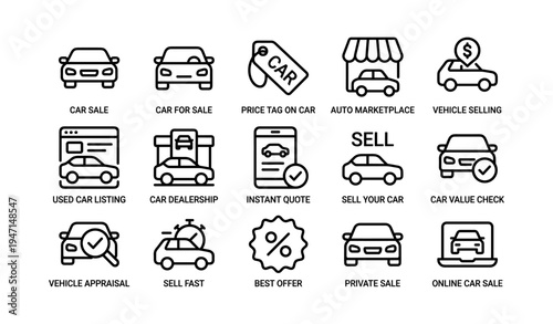 Car sale icons collection for auto marketplace and online listings
