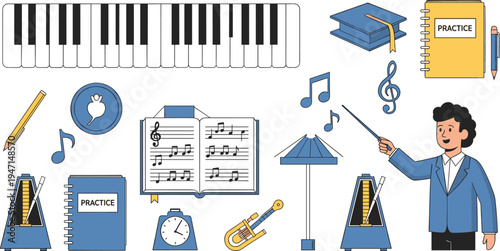 Music education and practice elements with piano keyboard, sheet music book, metronome, conductor teacher and musical instruments vector illustration set