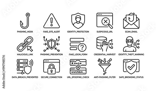 Cybersecurity icons illustrating phishing, identity protection, and security alerts