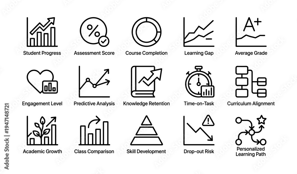 Fototapeta premium Educational metrics and analytics icons: progress, engagement, retention, growth, assessment