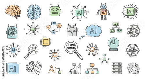 Hand Drawn Artificial Intelligence and Machine Learning Icon Set