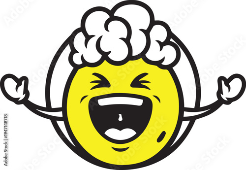 Joyful yellow face with a brain shape celebrating with raised arms