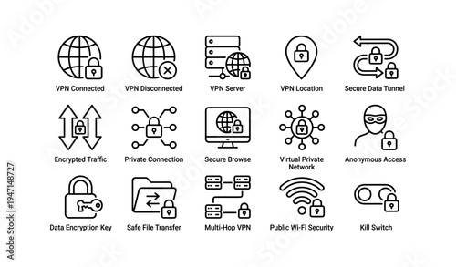 Vpn icons: secure connection, encryption, privacy protection symbols