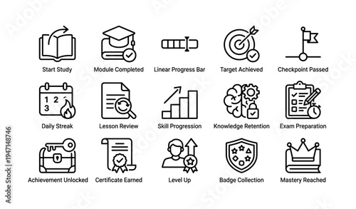 Educational progress icons set: achievement, learning, and skill development symbols