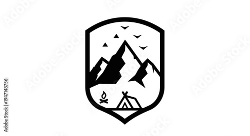 Minimalist Vector Mountain Camping Badge. Outdoor Adventure Emblem with Tent, Campfire, Birds. Wilderness Exploration Icon.