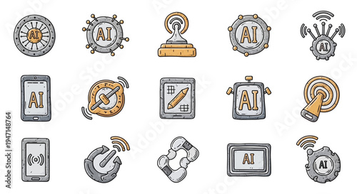 Set of Hand Drawn Artificial Intelligence Technology Icons
