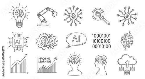 Artificial Intelligence and Machine Learning Hand-Drawn Icon Set