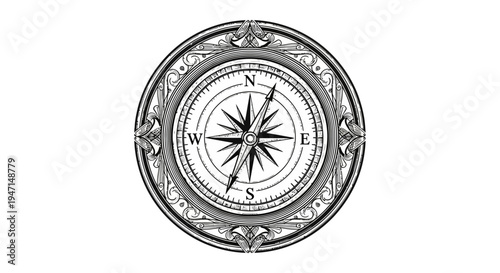 Vintage Ornate Compass Illustration for Navigation and Direction. Retro Decorative Design with Cardinal Points and Needle.