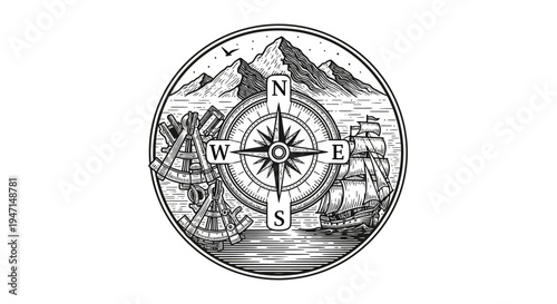 Monochrome Vintage Exploration Emblem with Compass, Sailing Ship, Mountains, and Sextant for Travel Adventure Design