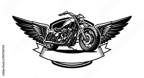Classic cruiser motorcycle with dynamic wings and shield emblem, featuring a customizable banner. Detailed black and white vector illustration.