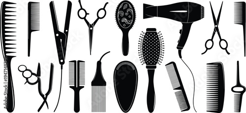 Collection of Black Silhouette Hairdressing Tools vector