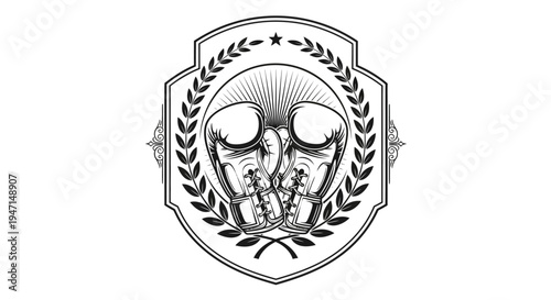 Classic Boxing Gloves Emblem with Laurel Wreath. Sport Fight Club Championship Badge. Black and White Vector Illustration.