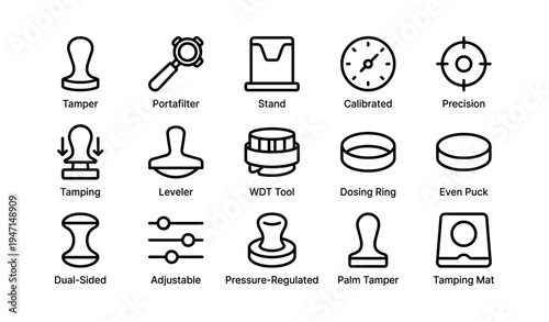 Collection of espresso coffee tools featuring tamper, portafilter, and precision instruments