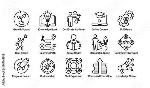 Educational icons depicting learning, achievement, and skill development
