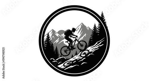 Mountain biking adventure emblem with rider descending a forest trail amidst majestic mountains at sunset, vintage style