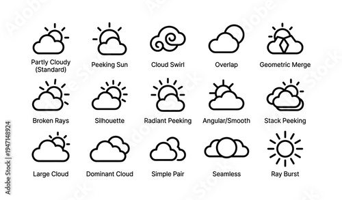 Minimalist weather icons set: sun, clouds, rays, and merges in black and white design