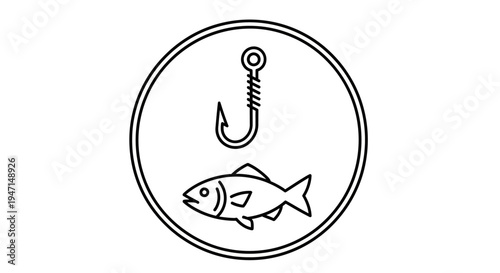 Fishing hook and fish line icon. Angling, recreation, and hobby symbol in a circular frame.