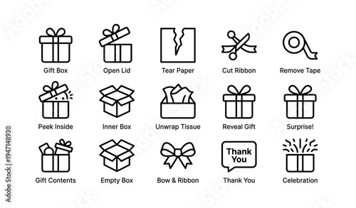 Gift icon set: box, ribbon, unwrap, surprise, celebration