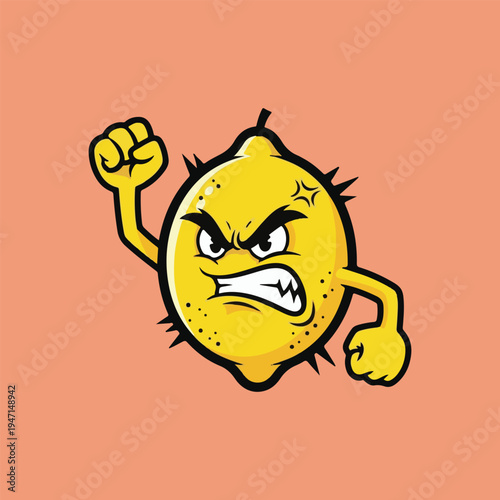 An angry cartoon lemon raises a clenched fist in a defiant pose