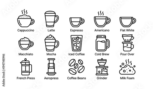 Coffee drinks and equipment icons: macchiato, espresso, french press, milk foam, cold brew