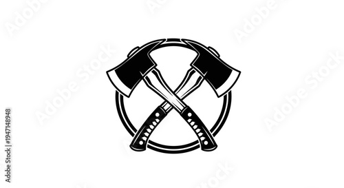 Crossed Axes Emblem Vector Graphic. Black and White Lumberjack, Woodcutter Symbol. Vintage Stylized Design in Circle Frame.