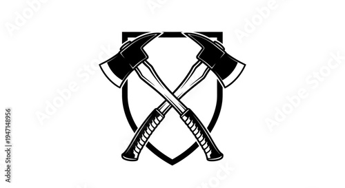Crossed Firefighter Axes with Shield Emblem Vector. Fire Department Rescue Service Symbol. Emergency Response Graphic Icon.