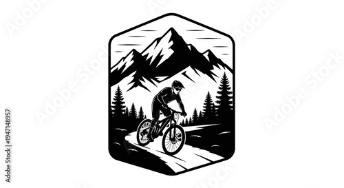 Mountain Biking Adventure Illustration with Rider on Trail, Mountains, and Pine Trees - Monochrome Graphic