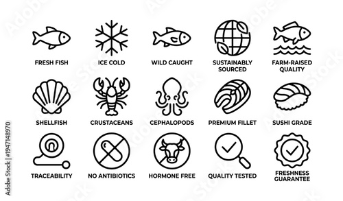 Sustainable seafood icons: freshness, quality, and ethical sourcing