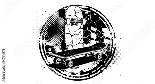 Dynamic skateboard graphic design with grunge texture, distressed splatters, and crack elements in a circular emblem. Black and white vector.