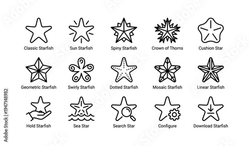 Sixteen varieties of starfish icons with different designs and patterns