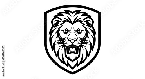 Fierce roaring lion head in shield emblem. Black and white vector illustration of a majestic wild cat mascot, symbol of strength and power.