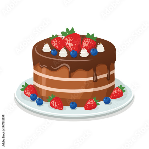 Delicious chocolate cake with strawberries and blueberries on a plate