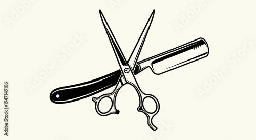 Vintage Barber Scissors and Straight Razor Illustration. Classic Haircut and Shaving Grooming Tools Emblem Design Concept.