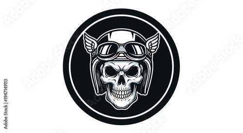 Retro Biker Skull Wearing Vintage Motorcycle Helmet, Goggles, and Wings in Black and White Circular Emblem Style