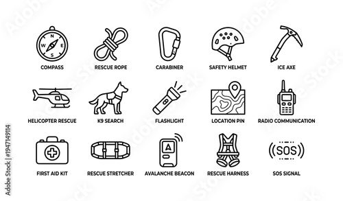 Essential search and rescue tools and equipment icons set