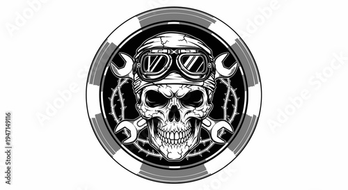 Edgy skull in helmet and goggles with crossed wrenches and thorny frame emblem. Black and white graphic illustration.