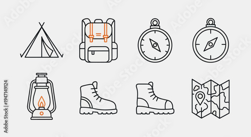 Camping equipment icons on white background