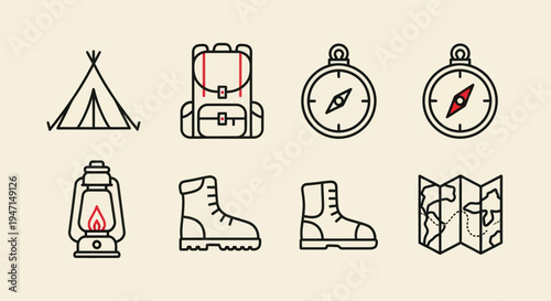 Camping and hiking equipment icons
